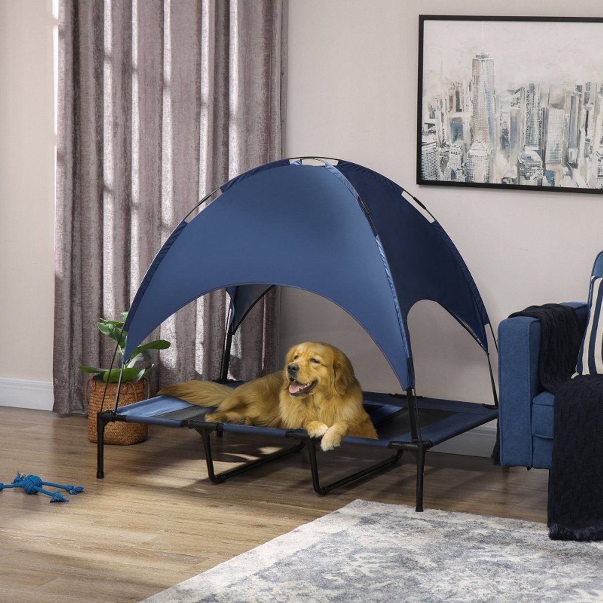 MODENUIT Dierenmand – Verhoogd Met Dak – 122 x 92 x 108 cm – Metaal En Polyester – Donkerblauw/Zwart