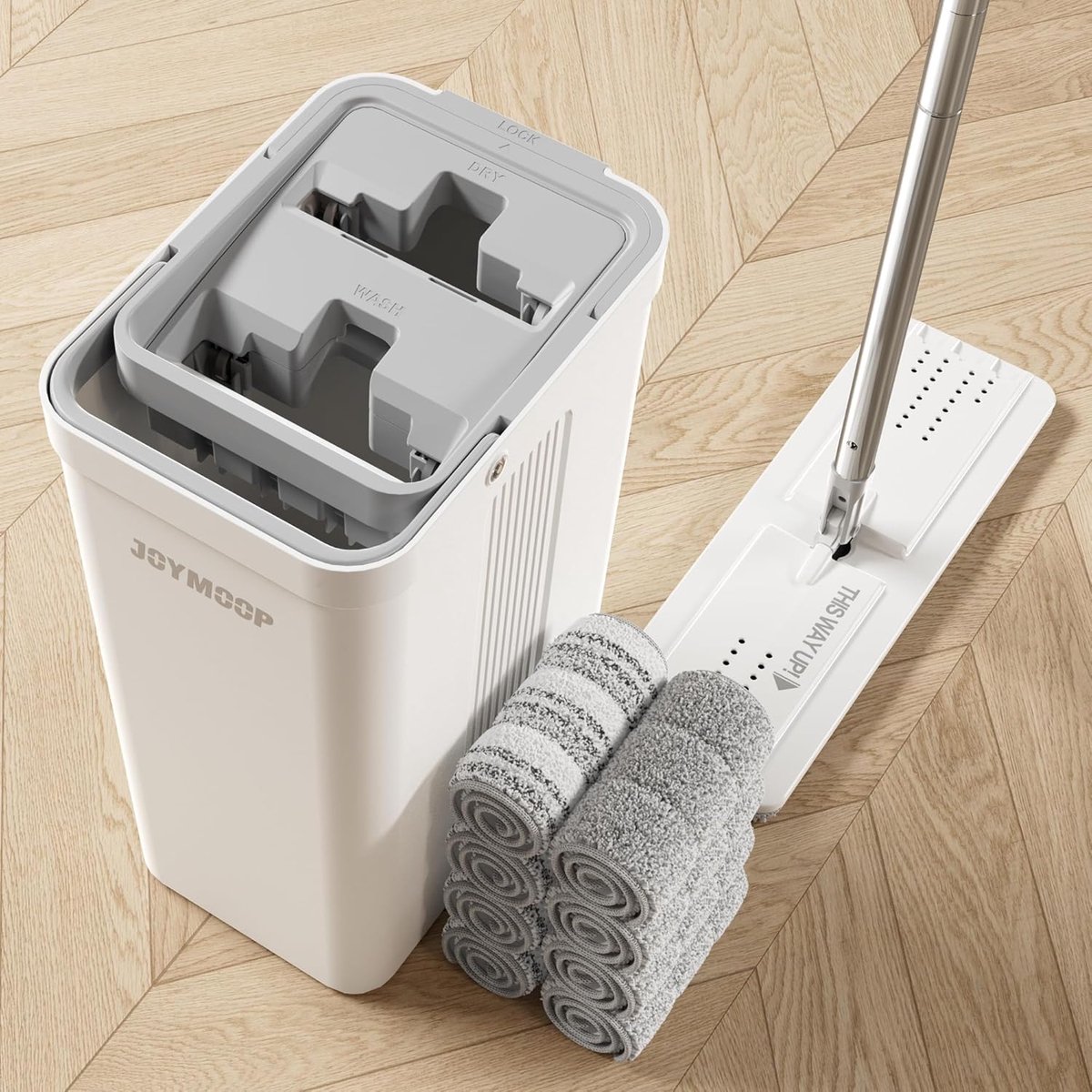 SnelShoppen - Mop Set met Emmer en Uitwringer, Vloermoppen voor Vloerreiniging, Wandmop met Lange Steel, Houten Vloermop met 8 Microvezel Pads, Ideaal