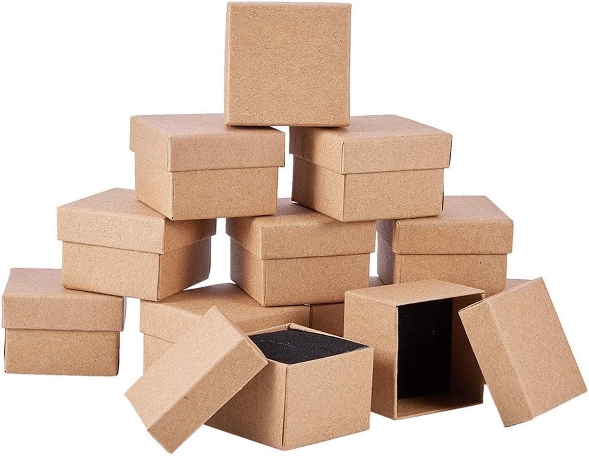 SnelShoppen - 24 Stuks Kraft Kartonnen Sieraden Dozen - Vierkante Cadeau Dozen met Zwarte Spons Inleg voor Ringen, Halskettingen, Oorbellen en Armband
