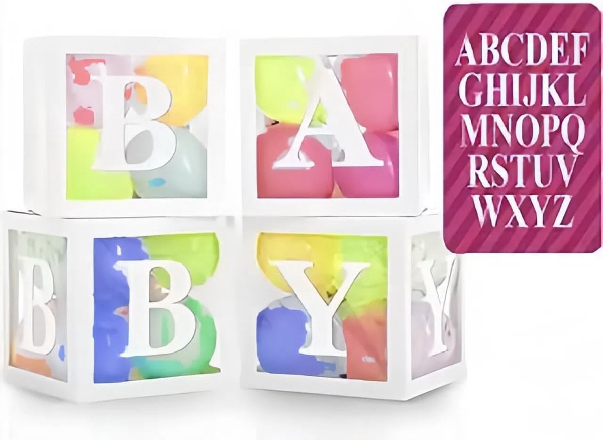 SnelShoppen - Baby Shower Decoratie voor Jongens, Transparante Ballonnen Dozen met Letters, 4 Stuks, 30 cm, Wit, Feest, Verjaardag, DIY Decoratie