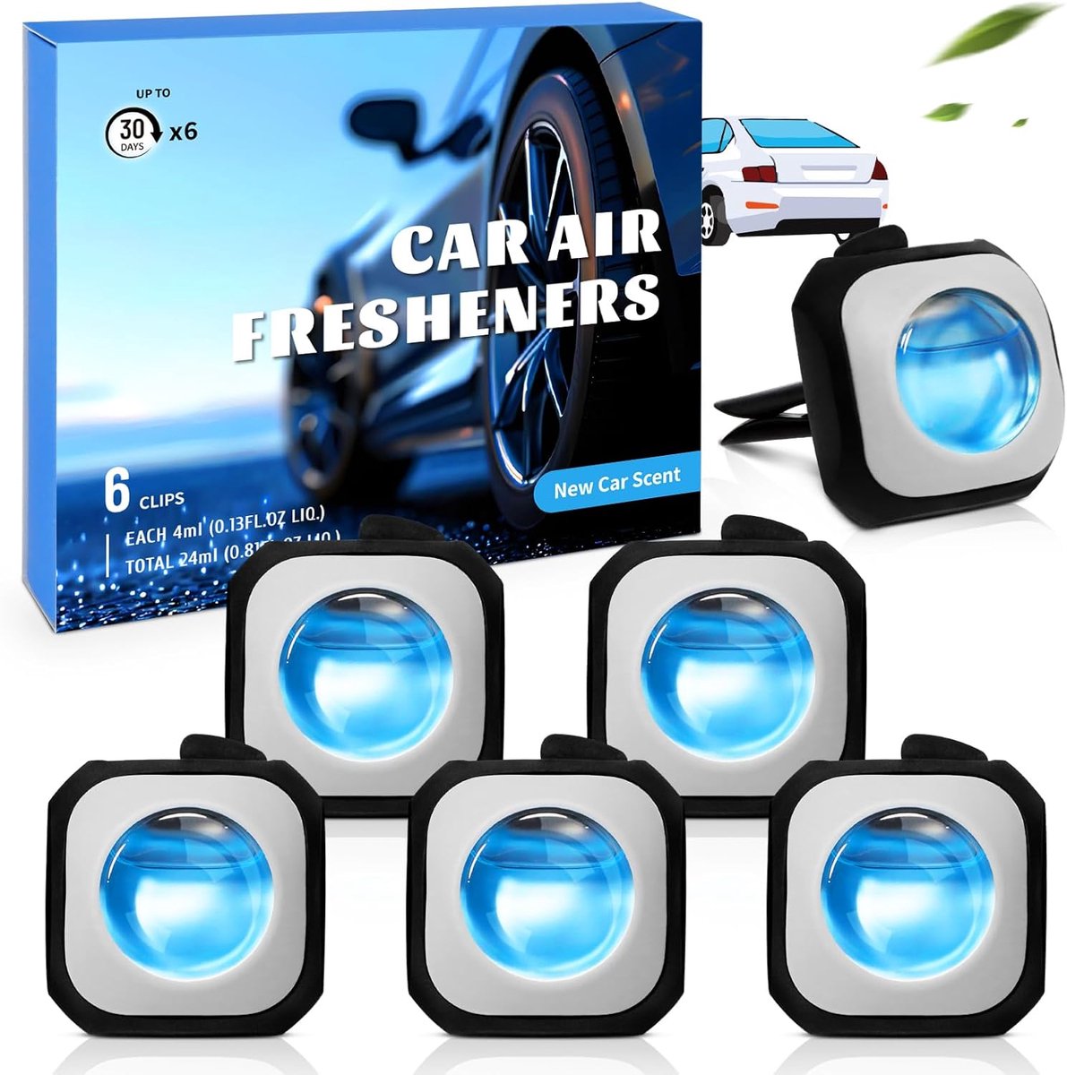 SnelShoppen - Car Air Freshener - Auto Geur Clip met Nieuwe Auto Geur - Verwijdert Geuren tot 30 Dagen - Set van 6 Stuks - Fris en Verfrissend voor in
