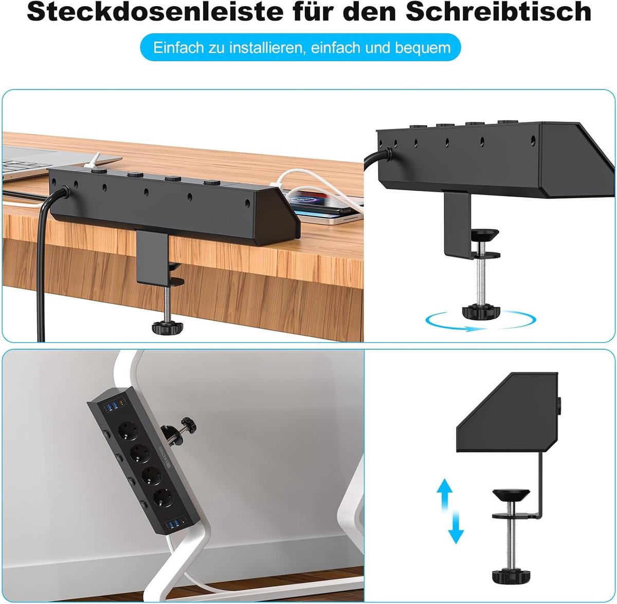 SnelShoppen - 4-Way Tafelstopcontact met USB-C (PD 20W), Desk Power Strip met 2m Kabel, 4 Stopcontacten, 4 USB-A & 2 USB-C, Zwart, Ideaal voor Thuiswe