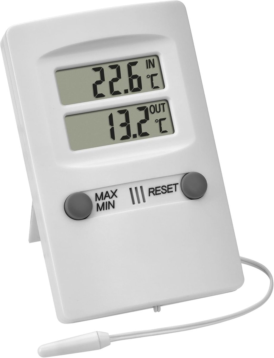 SnelShoppen - Digitale Binnen/Buiten Thermometer met Vochtigheidsmeter, Maxima Minima Weergave, Wit, Compact Ontwerp (70x20x110mm) voor Thuis, Tuin, K