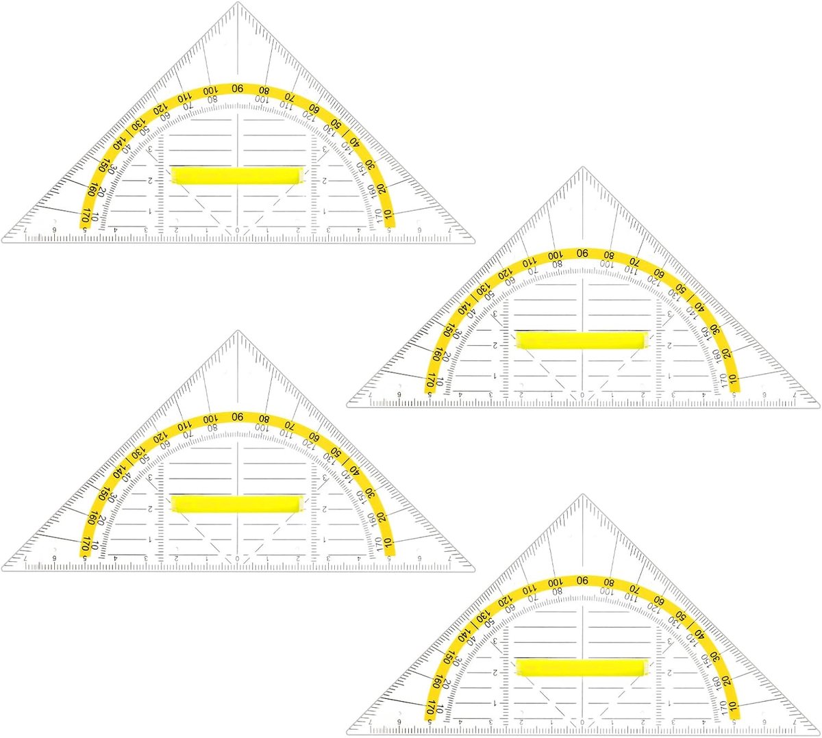SnelShoppen - Geo Triangle Set 4 Stuks, Geometrische Liniaal met Handvat, Plastic Hoekmeter 16cm, Ideaal voor School en Kantoor