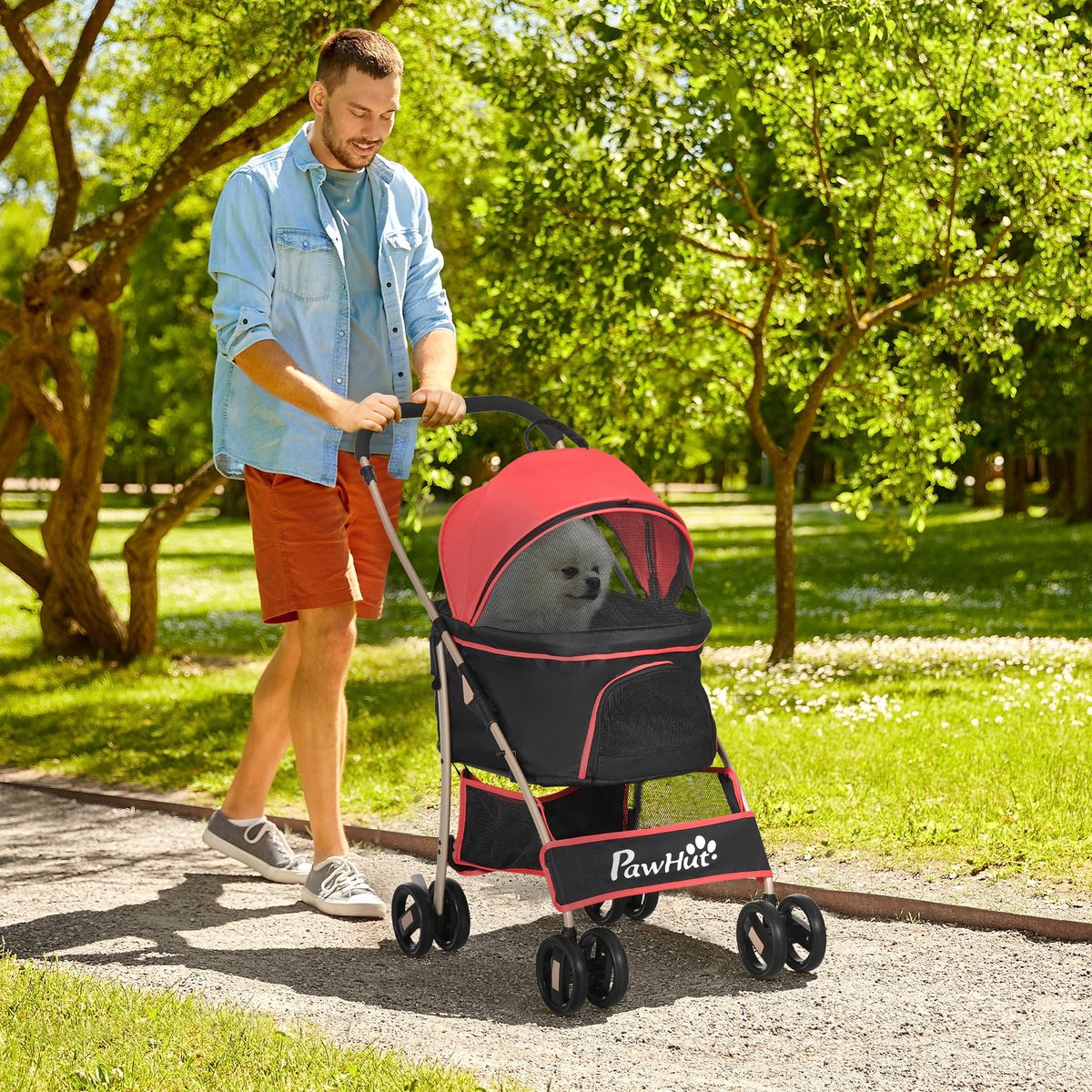 DESMIU Dierenbuggy - 2-in-1 Opvouwbaar Ontwerp - 82 x 49,5 x 98 cm - Metaal En Oxfordstof - Rood - Voor Kleine Honden En Katten