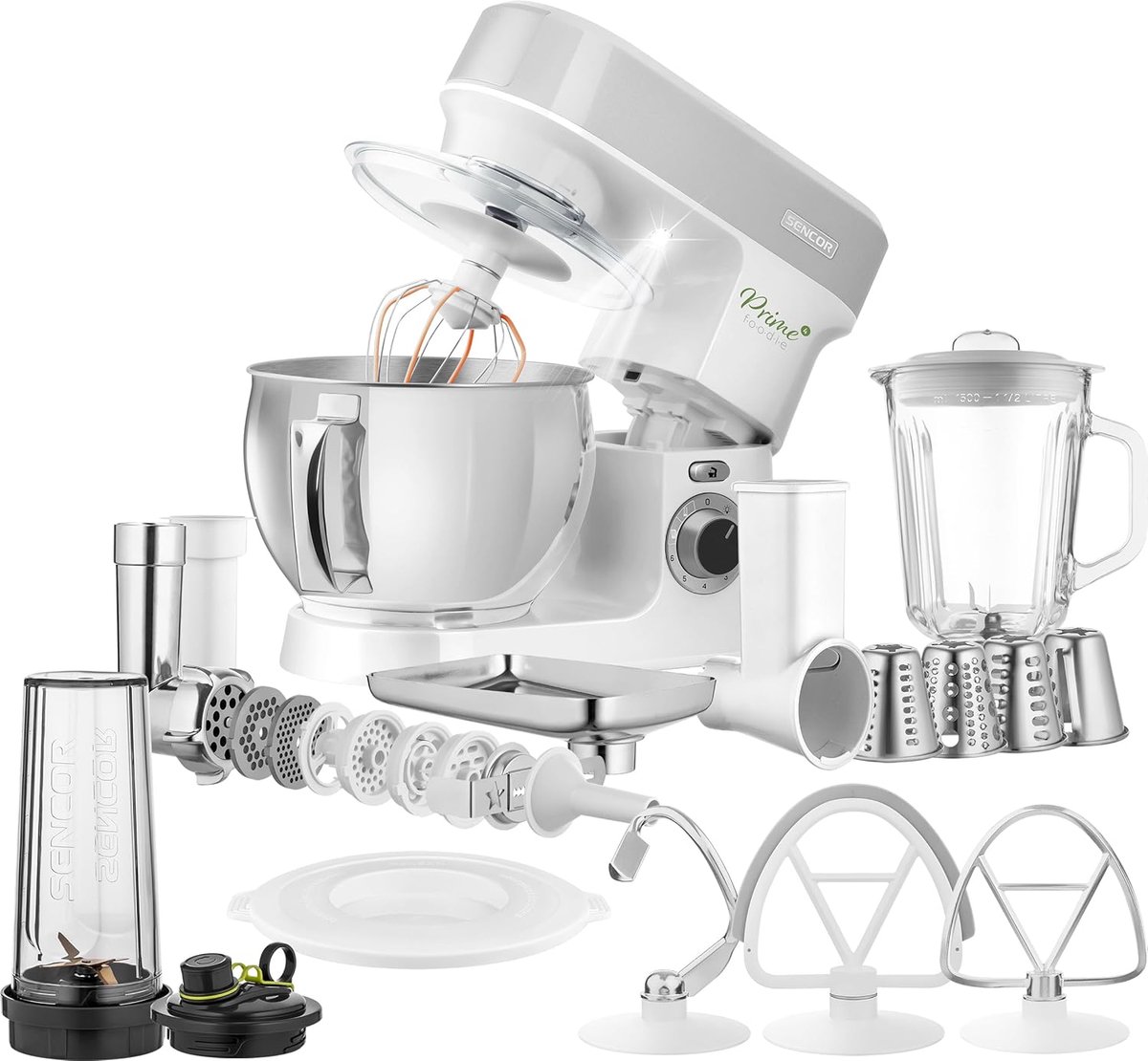 SnelShoppen - Multifunctionele Keukenmachine 1200W met 5L RVS Kom, LED Verlichting, Kneed- en Mengfunctie, Vleesmolens, Koekjesmaker, Magneetsluiting