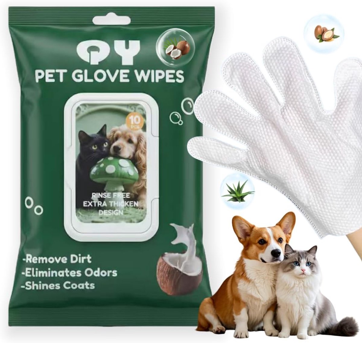 SnelShoppen - Extra Dikke Handschoendoekjes voor Huisdieren - Hypoallergene Reinigingsdoekjes voor Honden en Katten - Ontgeurend en Voedend Bont - 10