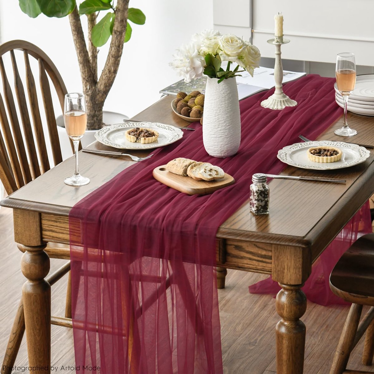SnelShoppen - Tafelkleed Tulle Rood 150 x 300 cm - Elegant Tafelloper voor Feesten, Bruiloften, Kerst en Verjaardagen - Polyester Mesh Tafeldecoratie
