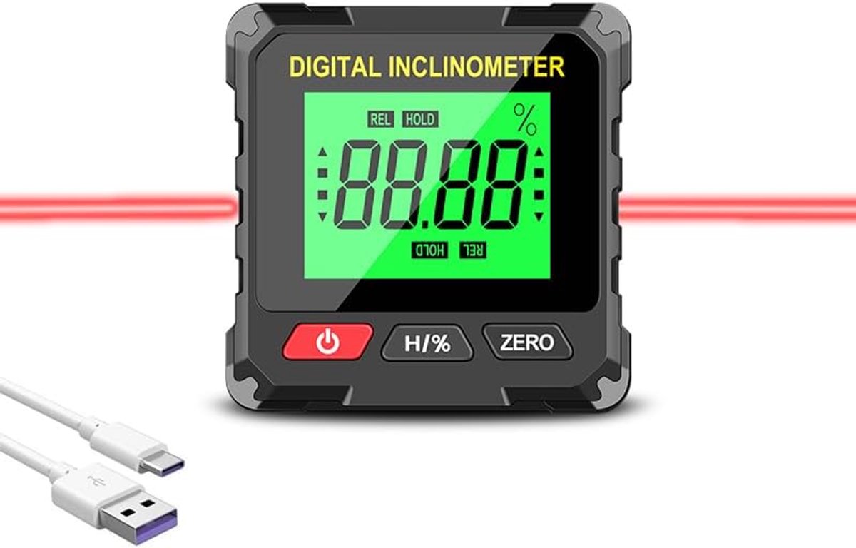 SnelShoppen - Digitale Gradenboog en Kantelmeter met Dubbele Laser, Kalibratiefunctie, 0,05° Nauwkeurigheid, 4-Zijdig Magnetisch, LCD Achtergrondverli