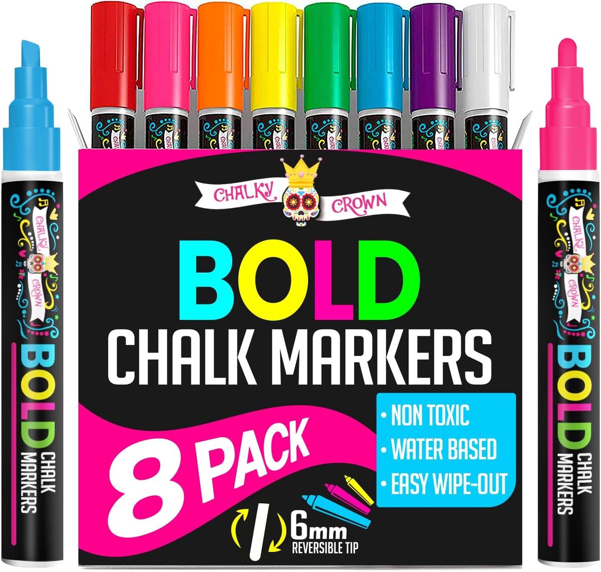 SnelShoppen - Whiteboard markers met grote punt - Vloeibare krijtmarkers voor whiteboards - Intense kleuren, omkeerbare punt 6mm (8 stuks) - Inclusief