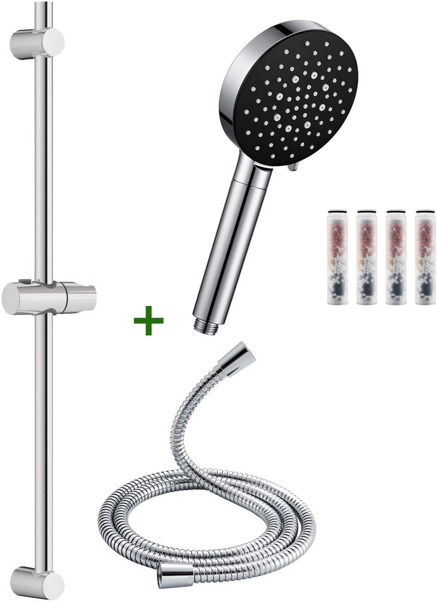 Auralum Max Doucheset met Handdouche - Douchekop met 4 Filters - 70 cm Glijstang - 6 standen - 150 cm Doucheslang - RVS - Complete Glijstangset - Waterbesparend - Chroom + Zwart