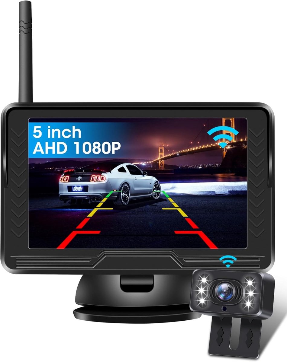 SnelShoppen - Draadloze Achteruitrijcamera AHD 1080P, 5 Inch, Waterdicht IP69, Nachtzicht met 6 LEDs, Parkeercamera voor Caravans en Vrachtwagens