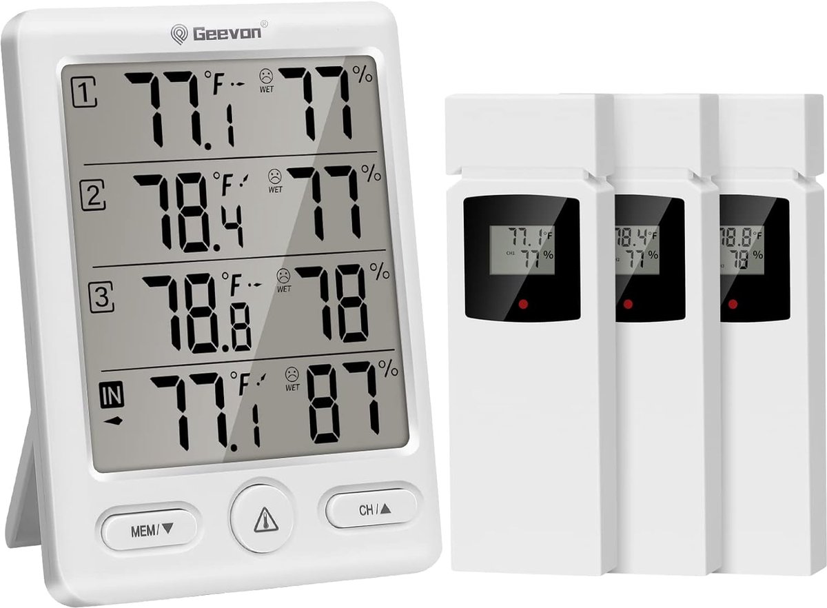 SnelShoppen - Draadloze thermometer binnen en buiten met 3 externe sensoren, digitale hygrometer, temperatuur-vochtigheidsmonitor - 60 m bereik, ideaa