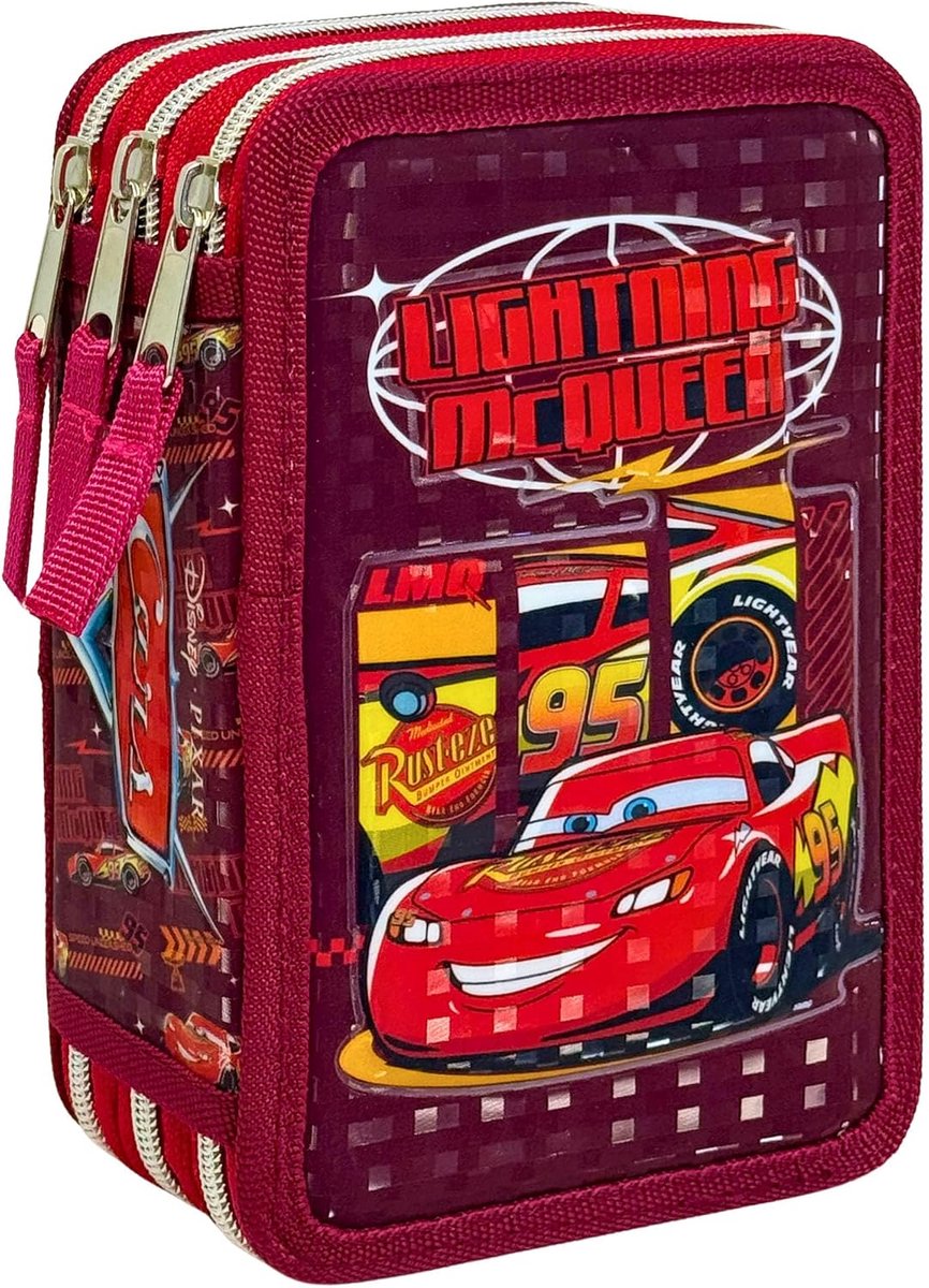 Thijox - Clondo Pennenetui 3D-effect met 3 vakken, 44 delen, kleurrijk etui, schrijfwarenset voor kinderen, schoolaccessoire 20 x 12 x 7 cm, Cars 26,
