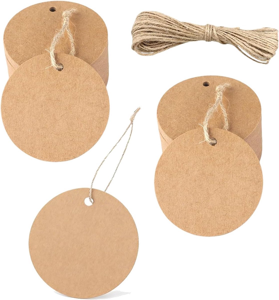 SnelShoppen - 200 Stuks Cadeaulabels Kraftpapier Rond 5 cm met Jute Koord - Hangers voor Geschenken, Bruiloften, Doe-Het-Zelf Projecten, Kartonnen Pri