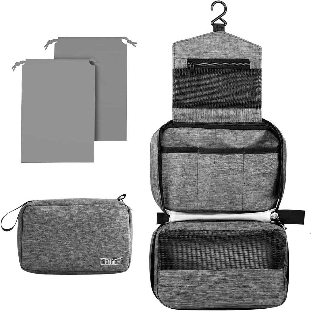 SnelShoppen - Aucuu Hangende Toilettas voor Heren en Dames - Opvouwbare Reis-Toilettas met Haak - Grote Make-uptas - Grijs 27cm x 20cm - Perfect voor