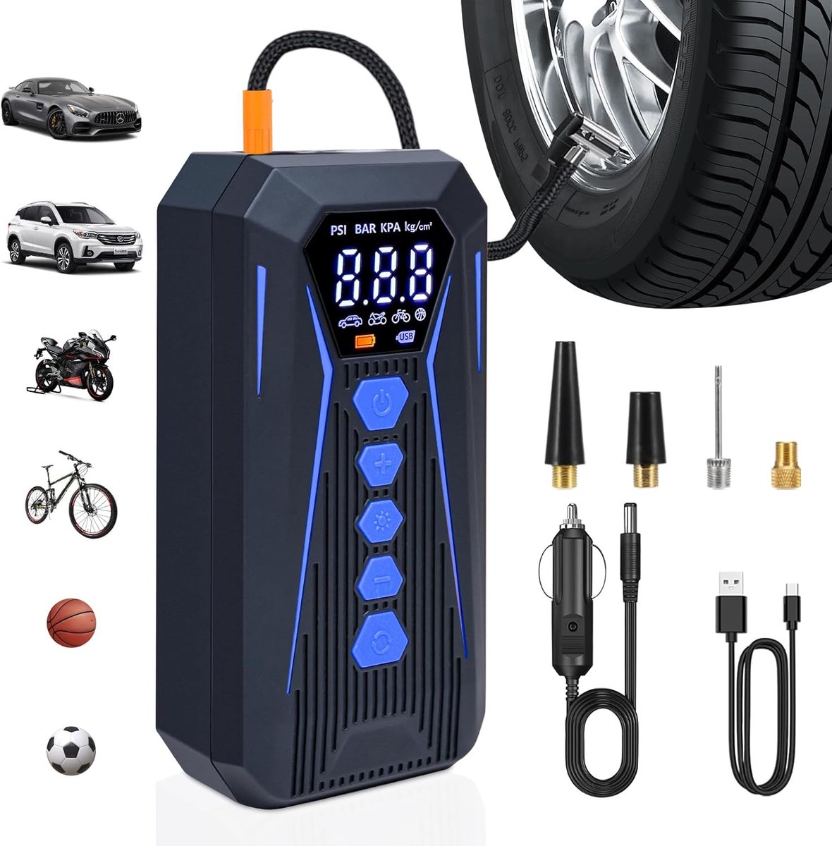 SnelShoppen - Draagbare elektrische luchtpomp 12V, accu compressor met digitale drukmeter en LED-licht, 150 PSI voor motor, auto, fiets en meer