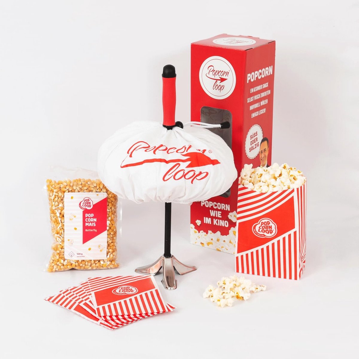 SnelShoppen - Popcornloop Starter Set Originele Popcornmachine voor Thuisbioscoop - Retro Popcornmaker met 500g Popcorn Mais, Katoenen Kap en Roerstaa