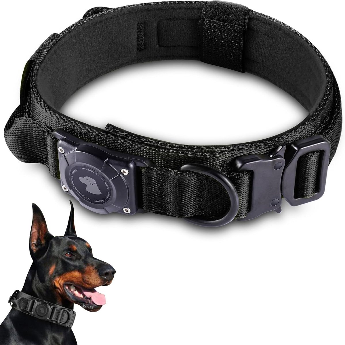 SnelShoppen - Tactische hondenhalsband met handvat, waterdicht en verstelbaar, dikke halsband voor middelgrote en grote honden, AirTag compatibel, zwa