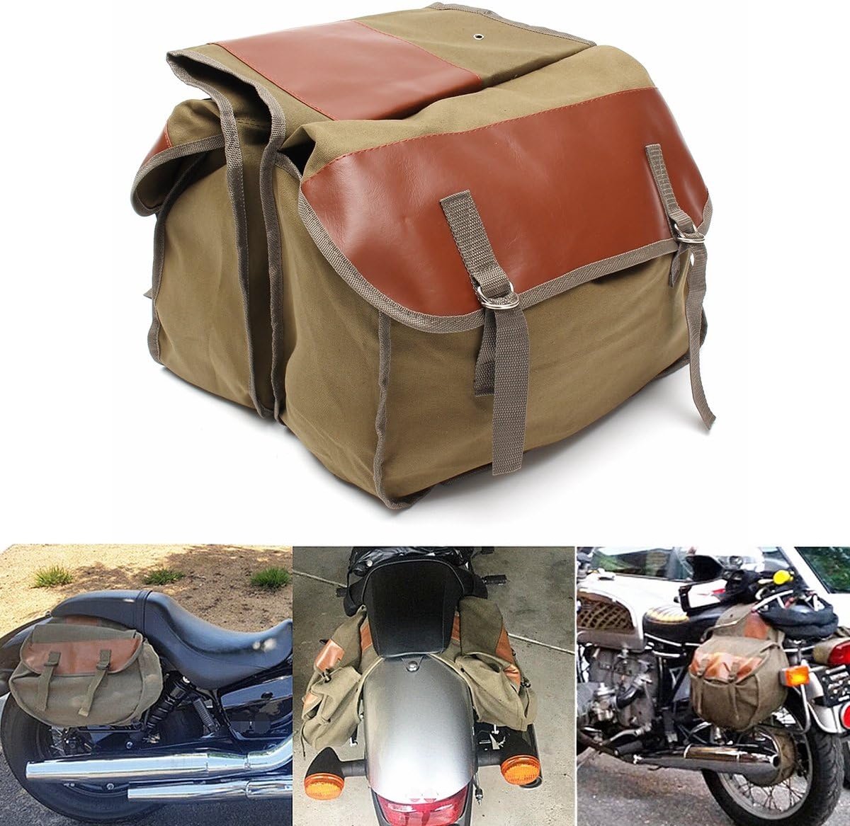 SnelShoppen - Motorfiets Canvas Zadeltassen Paardenrugzak - Zware Eendenkatoen met Vinyl Achterkant - 2 Grote Zakken met Flapdeksels - Duurzaam en Rui