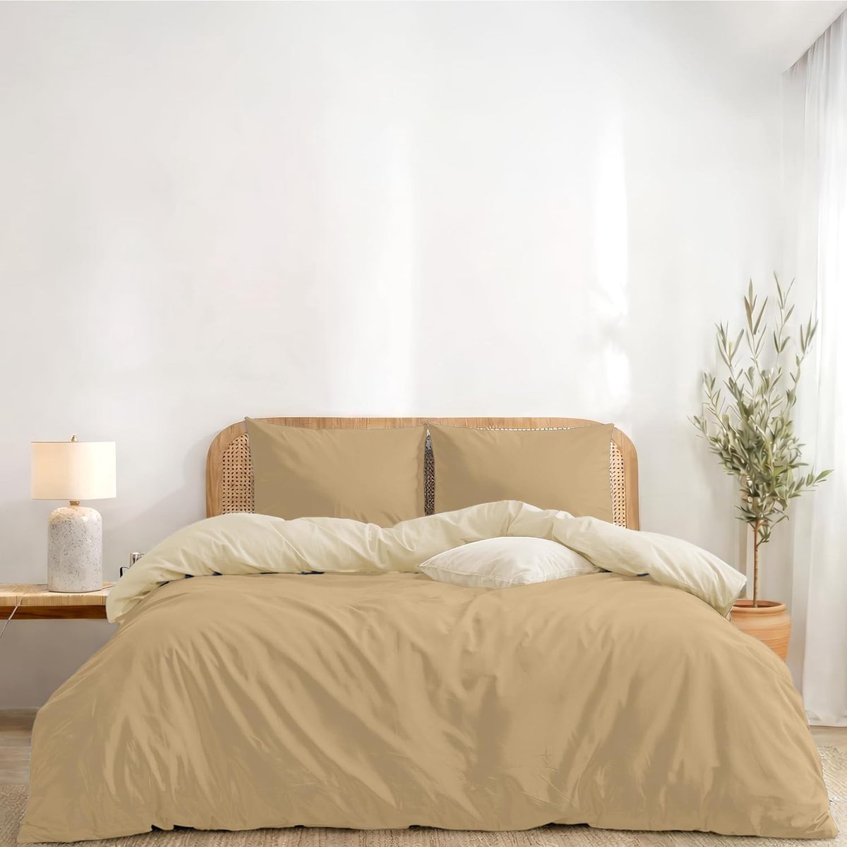 SnelShoppen - Twinzen Omkeerbaar Dekbedovertrek 220x240 cm - Beige/Zand - Volwassen Beddengoedset met 2 Kussenslopen 50x80 cm - Microvezel, Oeko-Tex,