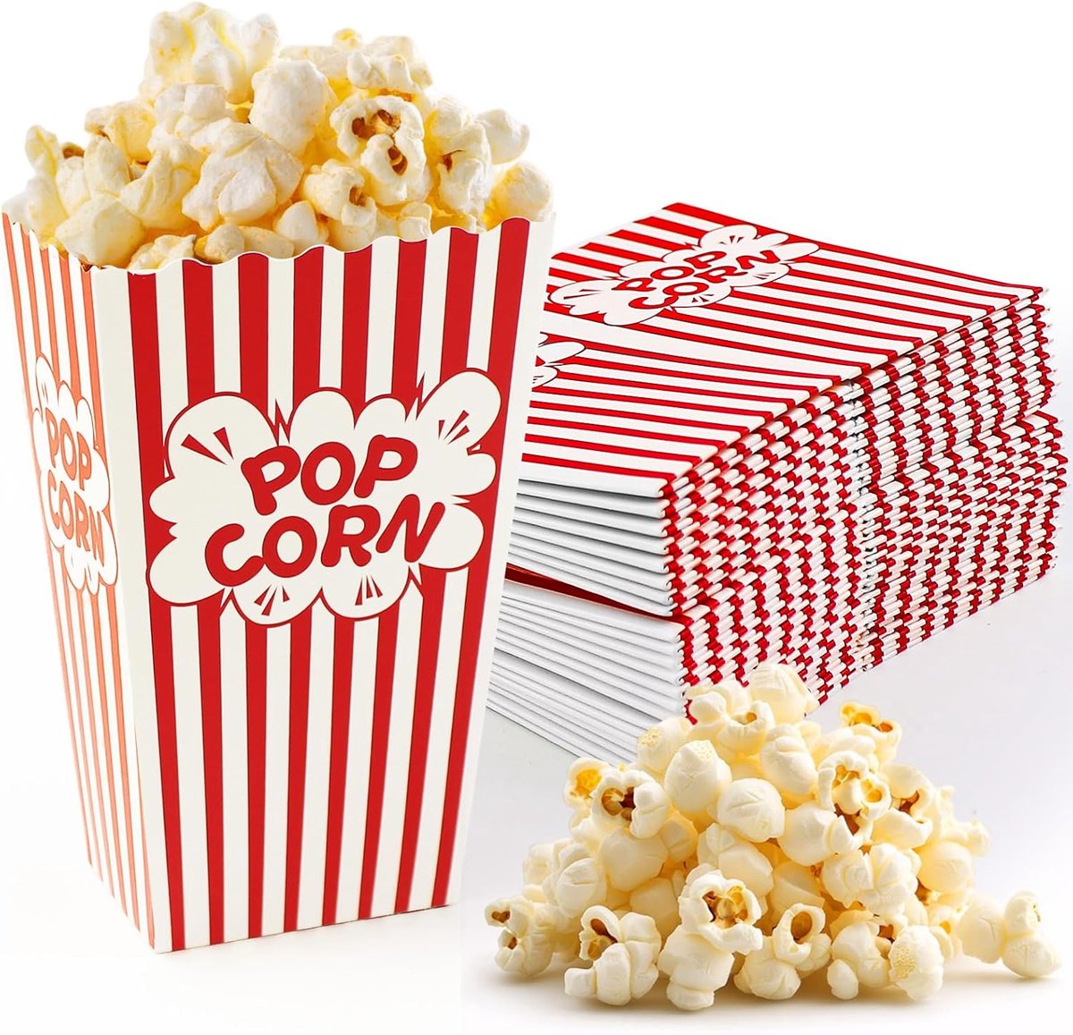 SnelShoppen - 32 Stuks Popcorn Dozen Papier, Rood & Wit Gestreepte Popcornzakjes Klein voor Feest, Filmavond, Kinderverjaardag, Feestsnacks (7x5x11.5
