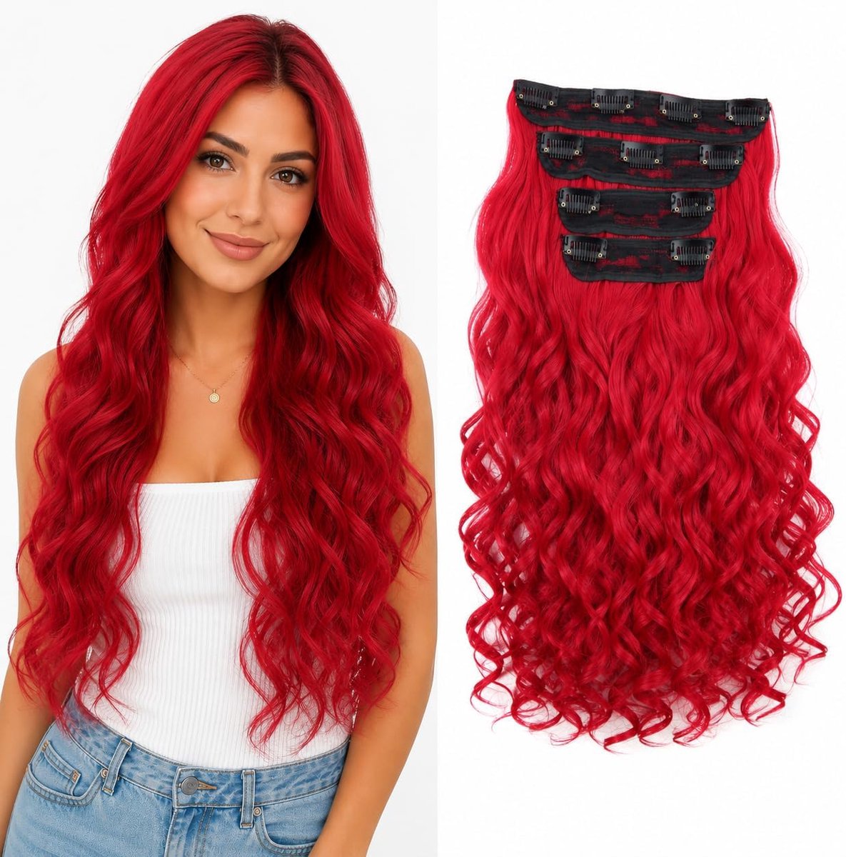 SnelShoppen - CAISHA XXL 4-delige Clip In Extensions - Haarverlengingen - Volumineus Golvend Rood - Warmtebestendig tot 130°C - 280g - Voor Feest & Da