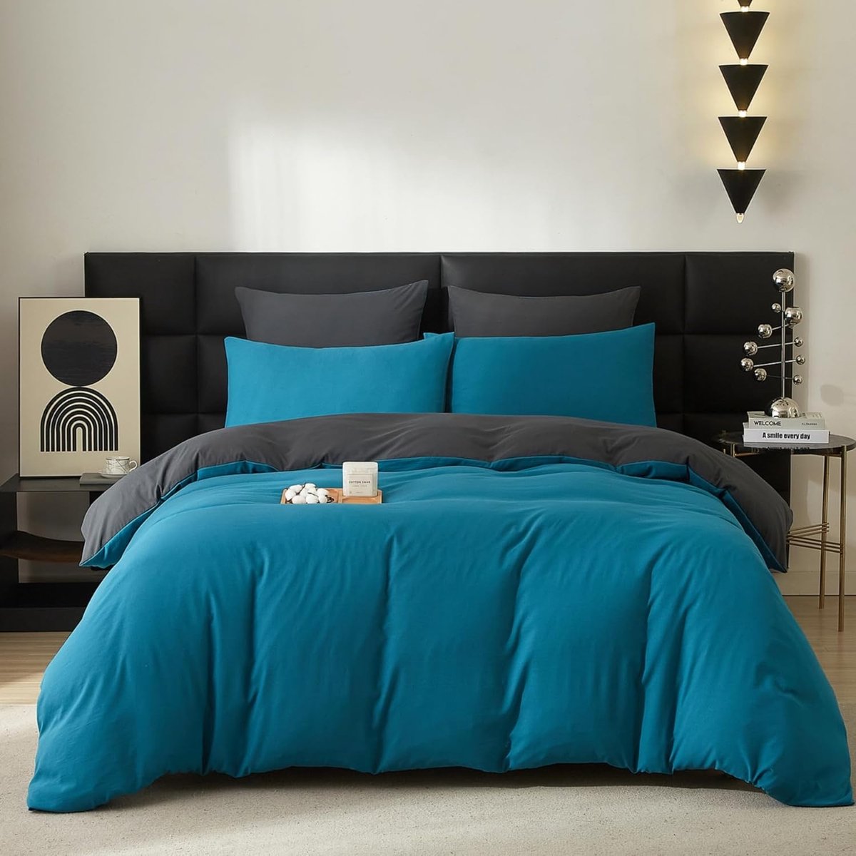 SnelShoppen - Katoenen Dekbedovertrek 220x200cm Blauw Grijs Petrol - 3 Delig Set - Eenvoudig Uni-Design - Zacht Katoen - Omkeerbaar Dekbedovertrek en