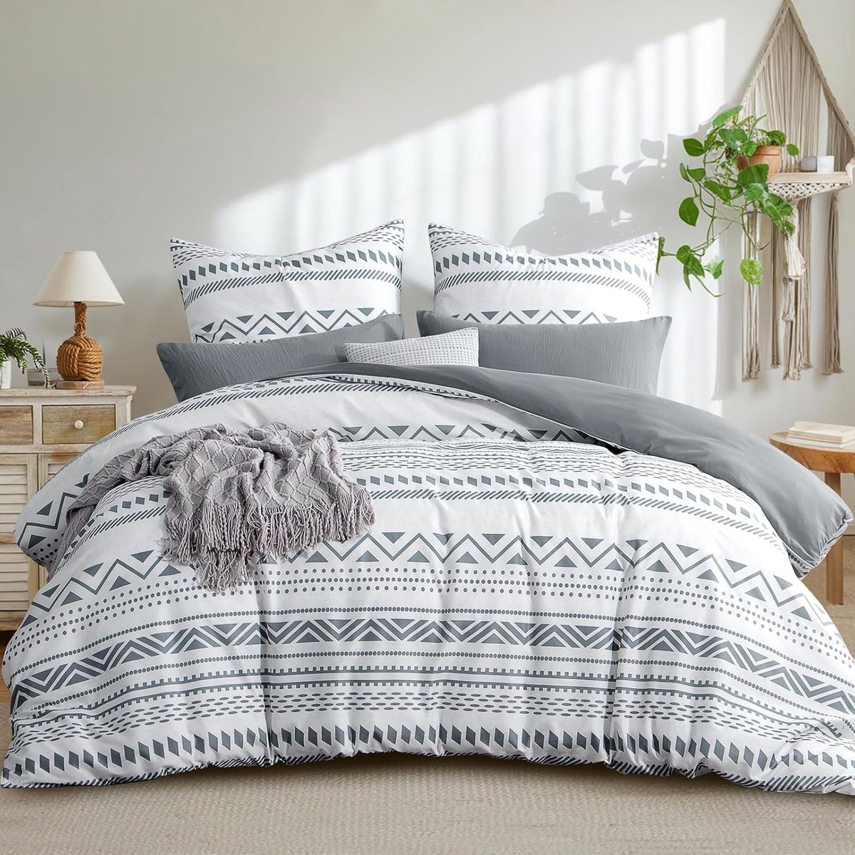 SnelShoppen - Dekbedovertrek Set 200x200 cm - 3-delig Boho Grijs Patroon - Microfibre, Non-Iron, Zipper, Inclusief 2 Kussenslopen 80x80 cm - Perfect v