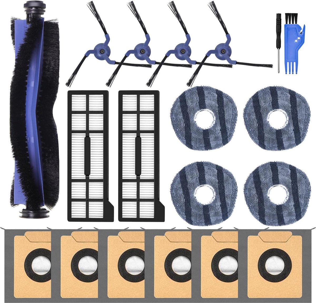 SnelShoppen - 19-delige Accessoires Kit voor Robotstofzuiger, Vervangingsset met Hoofdborstel, Mopdoeken, Zijborstels, HEPA Filters, Stofzakken en Rei