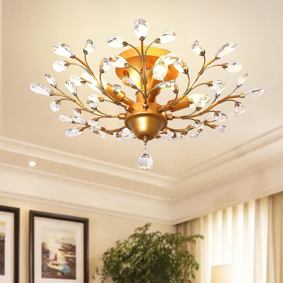 SnelShoppen - Vintage K9 Kristallen Kroonluchter - 4 Lampen - Gouden Recessed Plafondlamp voor Woonkamer, Eetkamer, Restaurant, Hal en Porch - 60 cm D