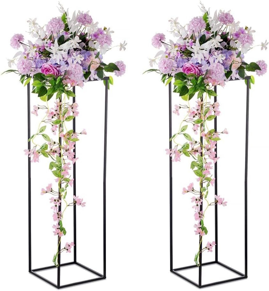 SnelShoppen - Zwarte Bloemenvazen Set van 2, 100 cm Hoge Geometrische Vaas met Metaalplaat, Elegante Tafel Decoratie voor Bruiloft, Feest en Evenement