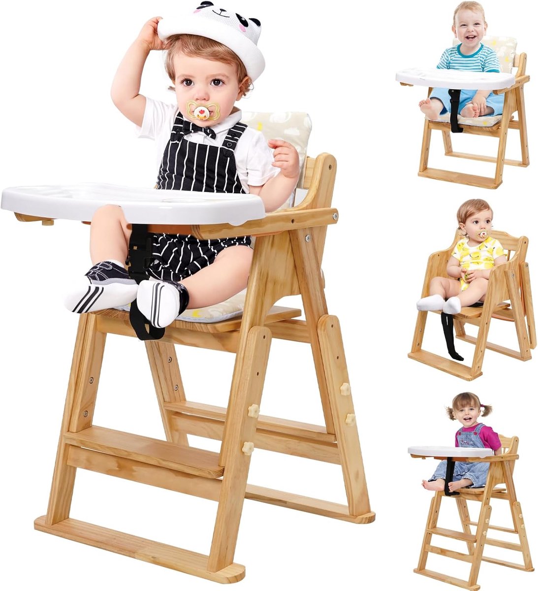 SnelShoppen - Dining Chair Siairo 4-in-1 Houten Hoge Stoel, Verstelbaar, Vouwbaar, Met Afneembare Bak, Voor Kinderen 6 Maanden tot 10 Jaar, Natuurlijk