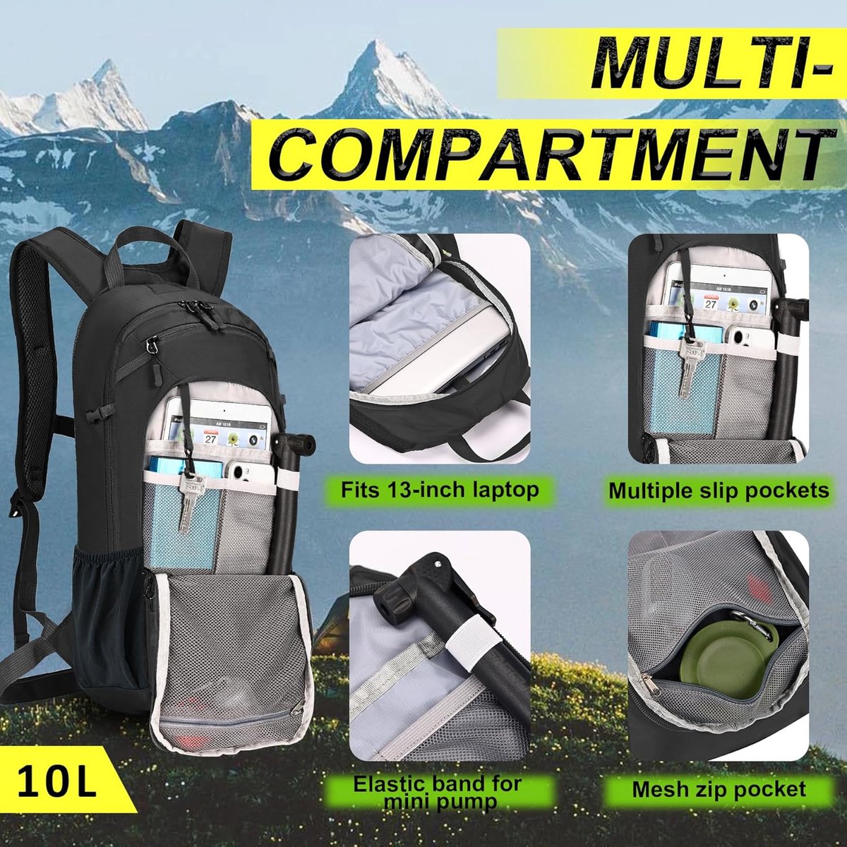 SnelShoppen - Hydration Backpack - Waterdichte Rugzak met Regenhoes en Helmhoes - Lichtgewicht MTB Fietstas - Compacte Wandeltas voor Fietsen, Hardlop