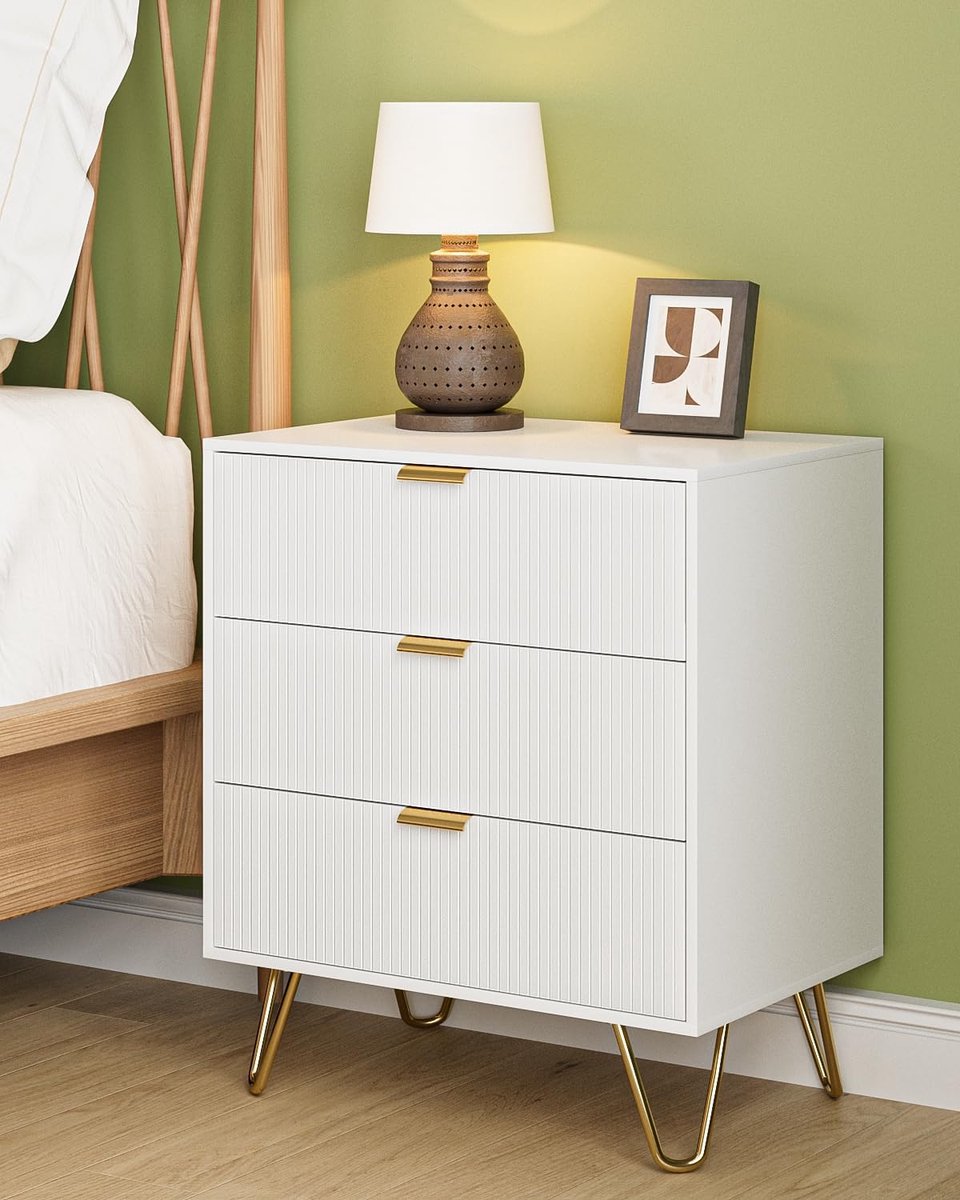 SnelShoppen - Bedside Table met 3 Lades, 60 x 40 x 70 cm, Witte Nachtkastje met Metaal Handvatten voor Slaapkamer, Woonkamer, Hal
