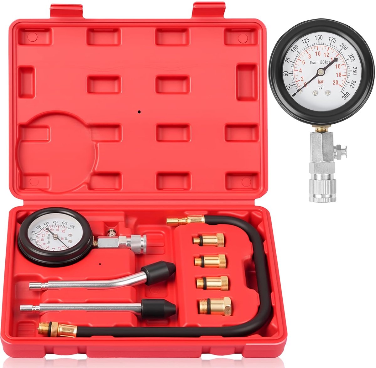 SnelShoppen - Professionele Benzinemotor Compressietester Kit voor Auto's en Motorfietsen - Rood - Inclusief Adapters en Dual Color Gauge