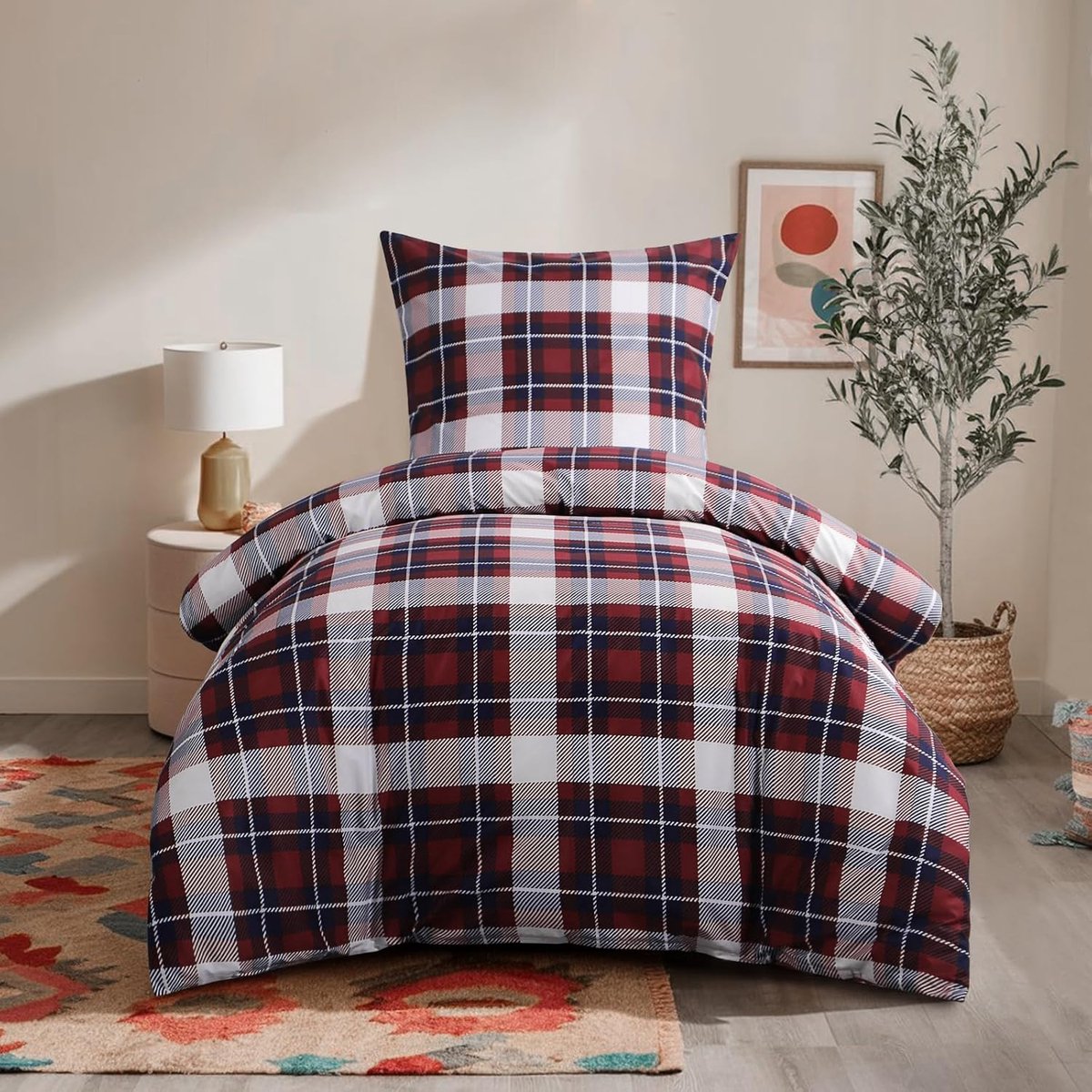 SnelShoppen - Luxe Rood Dekbedset 155 x 220 cm, 2-Delige Microvezel Bedlinnen met Tartan Patroon, Zachte en Strijkvrije Dekbedovertrekset voor een Hee