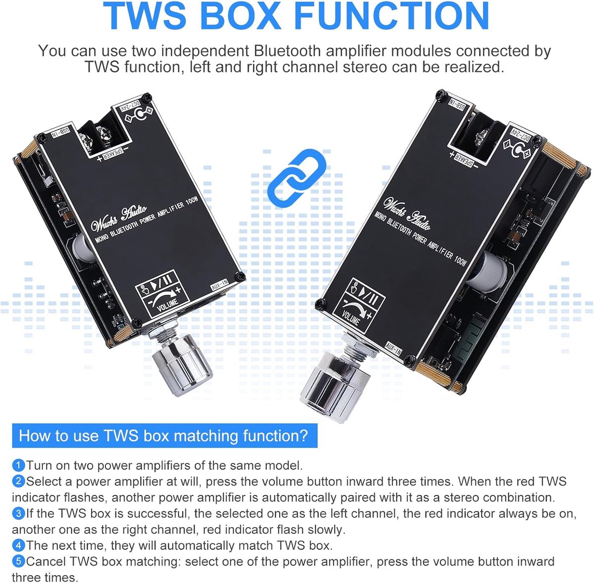 SnelShoppen - HiFi Mono Bluetooth Versterker 100W met AUX/USB, Mini TWS Audio Amplifier Module voor DIY Speakers, DC 7-24V, Perfect voor Feest en Camp thumbnail 5