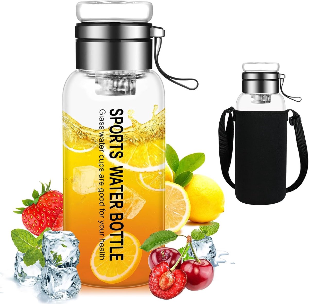 SnelShoppen - Glazen Waterfles 1 Liter - BPA-vrij Borosilicaatglas - Inclusief Beschermende Deksel - Ideaal voor Camping, Sport en Thuis - Met Ruimte