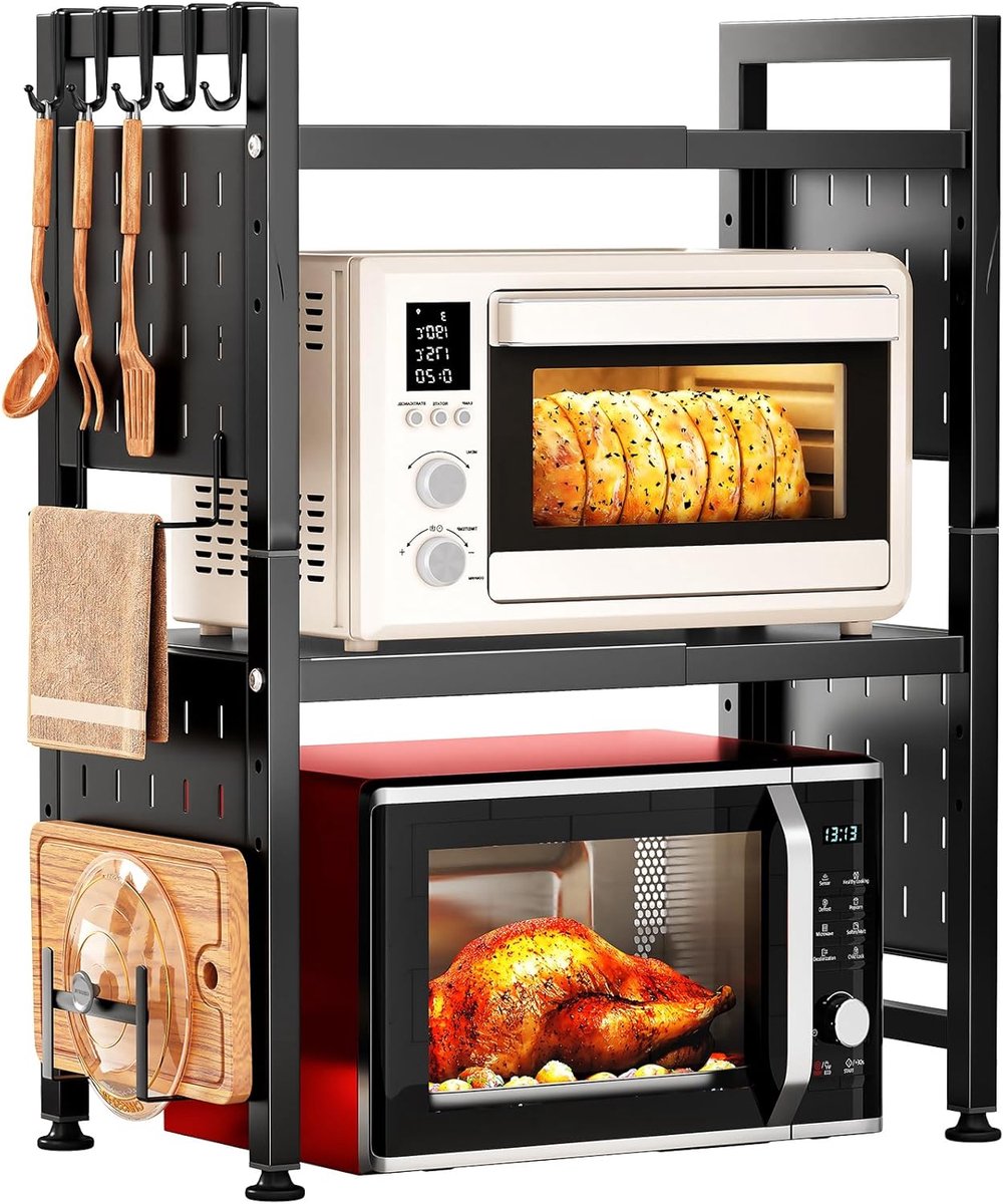 SnelShoppen - Uitbreidbare Magnetron Plank - 3-laags Keukenorganizer - Metalen Oven Rack - Hoogte Verstelbaar - Inclusief 10 Haken, Snijplank Houder,