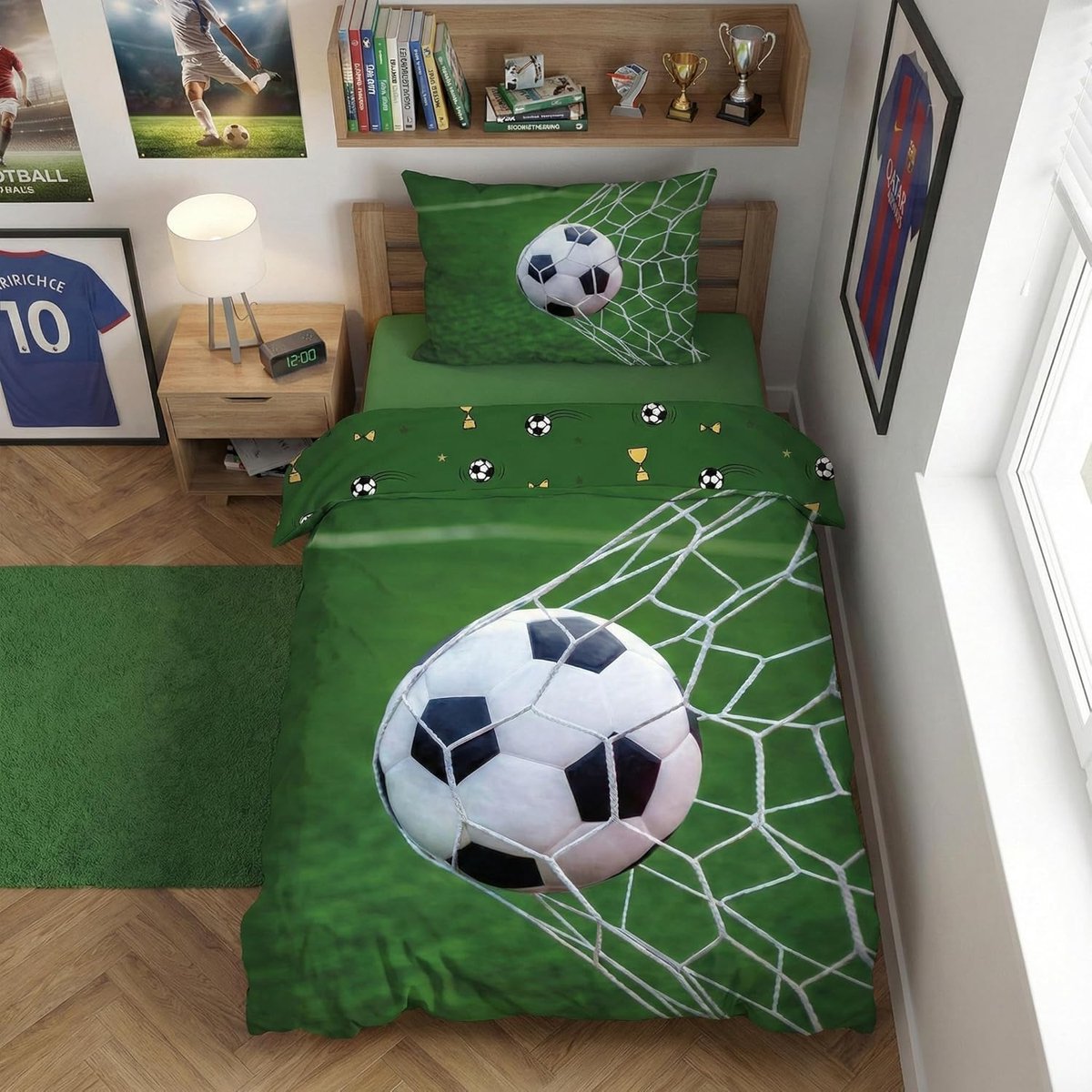 SnelShoppen - Football Dekbedovertrek 140x200 + Kussenhoes Doel Stadion Cadeau | Omkeerbaar Bedlinnen | Natuurlijke Katoen Ademend Oeko-Tex | Jongens