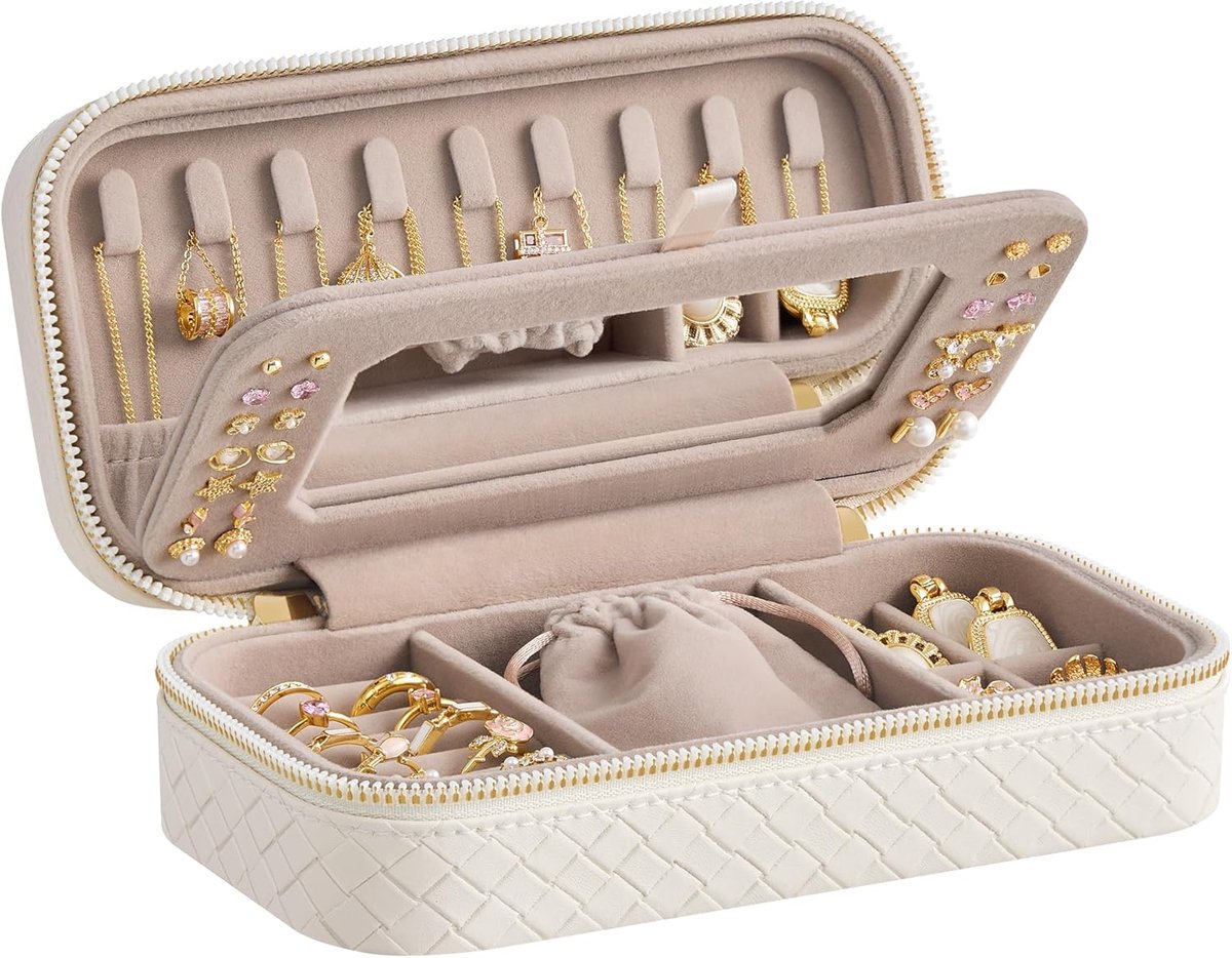 SnelShoppen - Travel Sieradenetui met Spiegel, Juwelen Organizer Box, Draagbare Sieradenopslag van Woven PU Leer, Cloud White, Compact & Stijlvol voor