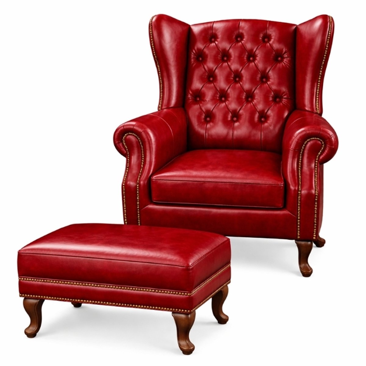 Chesterfield Fauteuil + Hocker - Rood - Leer - Stoel Chesterfield - Arm Chair - Lounge Chair - Clubfauteuil - Relaxfauteuil - Loungestoel - Zetel