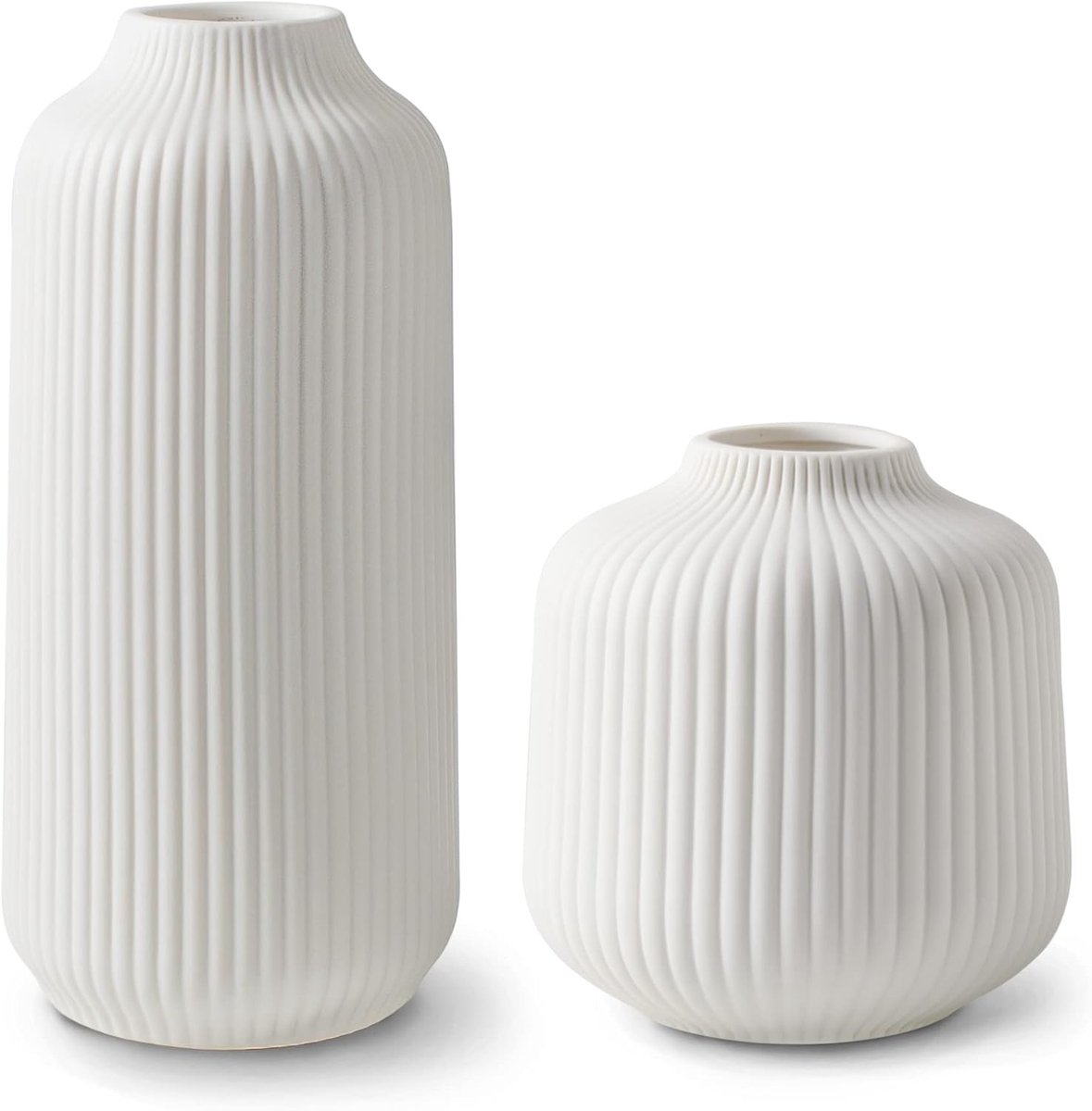 SnelShoppen - Set van 2 Moderne Boho Vazen met Groeven - Witte Matte Keramiek Vazen voor Vers en Gedroogde Bloemen - Decoratie voor Vensterbank en Hui