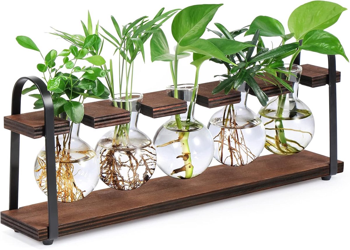 SnelShoppen - Vintage Bloemenvaas met Glazen Testbuizen en Metaalstandaard voor Tafeldecoratie, Retro Plant Propagation Station voor Woonkamer, Hout e