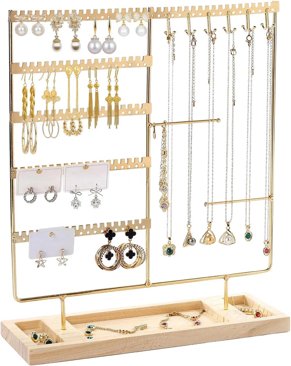 SnelShoppen - Gouden Sieradenstandaard, Metalen Kettinghouder met Sieradenbakje voor het Opbergen van Halskettingen, Oorbellen, Ringen en Horloges, 30
