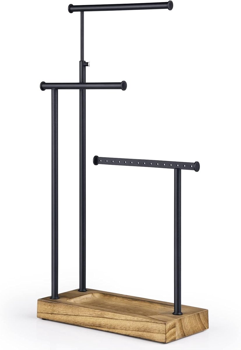 SnelShoppen - Houten Sieradenstandaard met 3 Stangen, Draaiend 51 cm Hoog, Sieradenopslag voor Kettingen, Oorbellen, Horloges, Armbanden - Milieuvrien