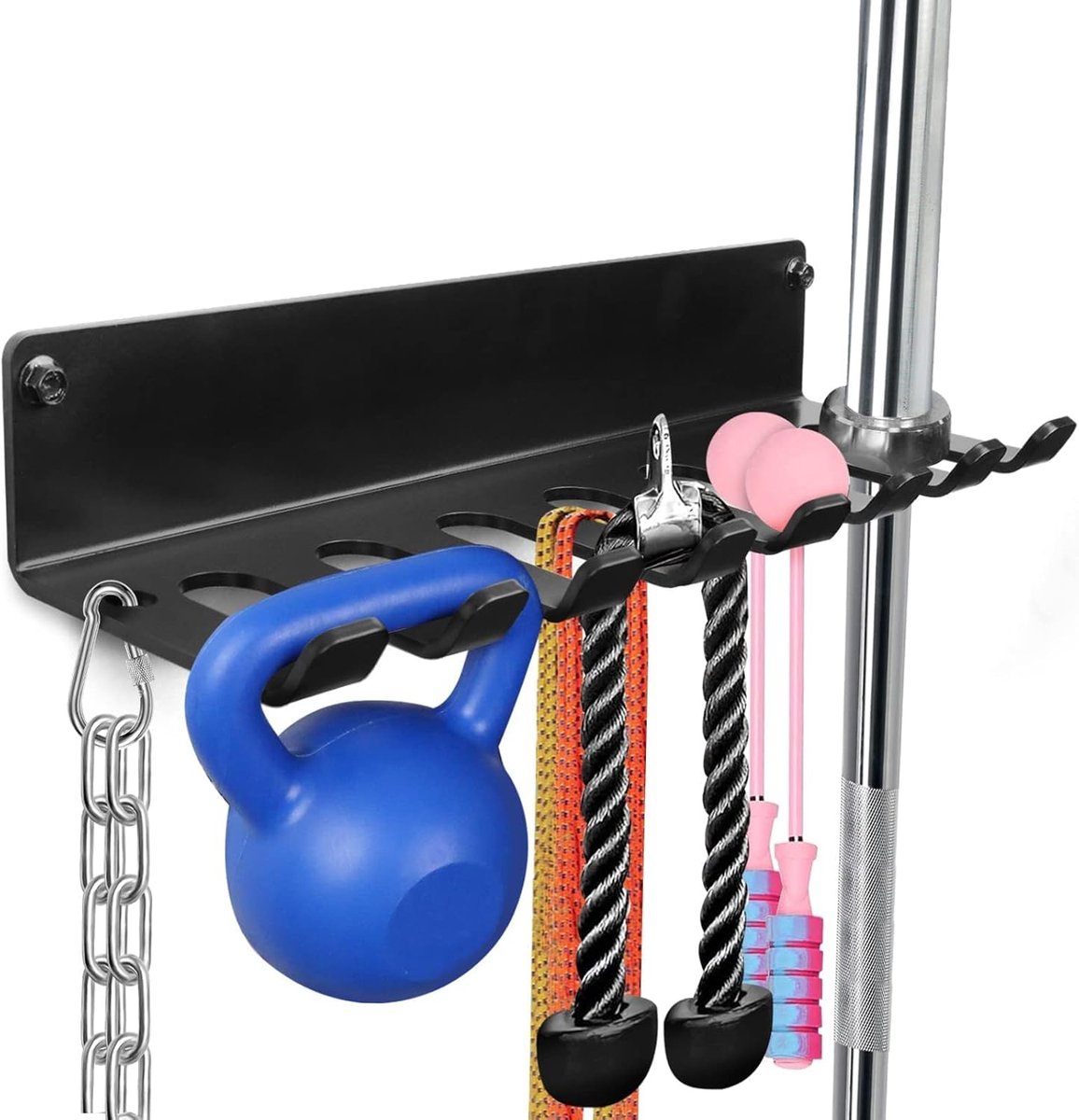 SnelShoppen - Gym Rack Organizer voor Thuisgym, Wandbevestiging Haken voor Olympische Barbells, Gewichtheffers, Gereedschap, Stijlvol Zwart Staal, Inc
