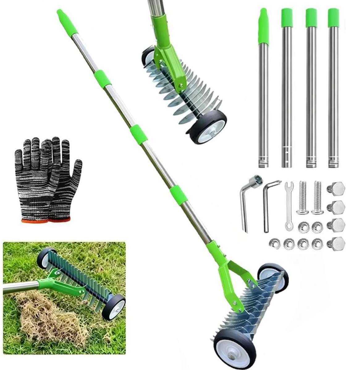 Handverticuteermachine - Gazon hark - Gazon onderhoud - Met wielen - 165 cm steel - Donkergroen
