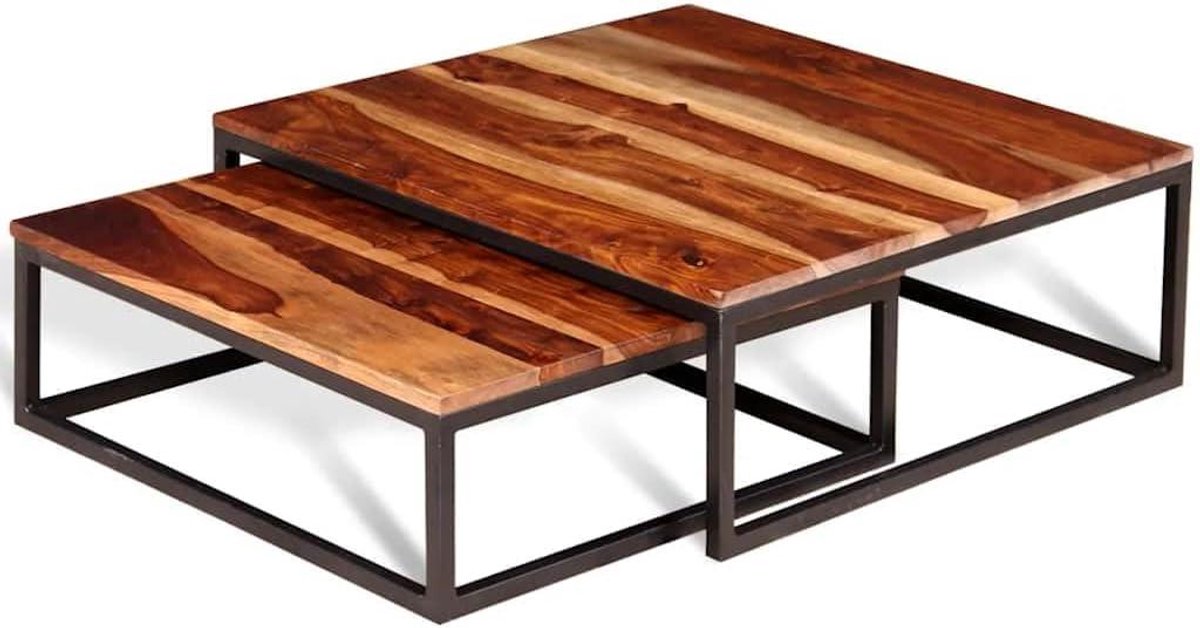 Acacia salontafels - Set van twee - Woonkamer inrichten - Unieke houtnerf - 70x70x26 cm - Bruin en zwart